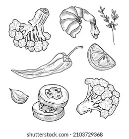 Hand drawn illustrations of rosemary, lemon, chili pepper, broccoli, zucchini, garlic, shrimp, shrimps, head of garlic