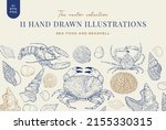 Hand drawn illustrations of seafood and seashells.

•11 Vector Illustrations
• EPS