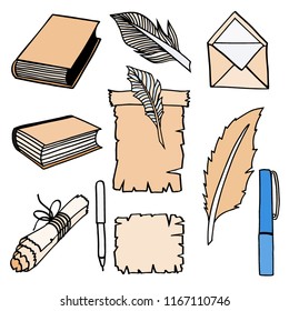 Hand Drawn Illustrations of Set Books and pen. Doodle vector illustration isolated on light Colored background.