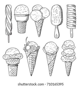 Hand drawn illustrations set of ice creams. Vector sketch. Ice cream drawing doodle collection