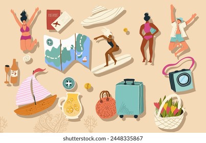 Hand drawn illustrations set with tourist stuff, vacationing people, travel and tourism. 