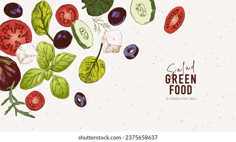 Hand drawn illustrations of sliced tomato, cucumbers, olives, feta cheese and leafy greens. Salad ingredients. Healthy eating lifestyle concept