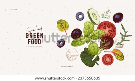 Hand drawn illustrations of sliced tomato, cucumbers, olives, feta cheese and leafy greens. Salad ingredients. Healthy eating lifestyle concept