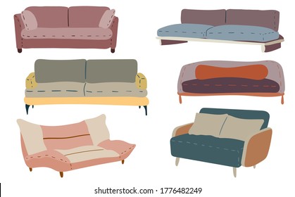 Hand drawn illustrations of sofas in earthy shades for a furniture catalog, online store, factory. Modern trendy stylized doodles isolated on white. Minimalist style. Editable vector graphics. EPS 10.