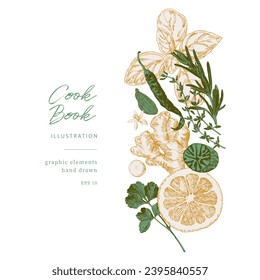 Hand drawn illustrations of spices and culinary herbs. Graphic elements for cook book design, restaurant menu and recipe sheets. Botanical and culinary illustration