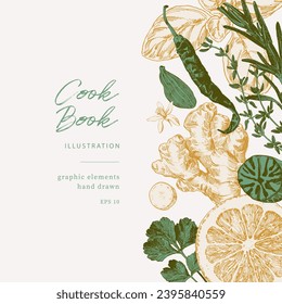 Hand drawn illustrations of spices and culinary herbs. Graphic elements for cook book design, restaurant menu and recipe sheets. Botanical and culinary illustration