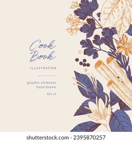 Hand drawn illustrations of spices and culinary herbs. Graphic elements for cook book design, restaurant menu and recipe sheets. Botanical and culinary illustration