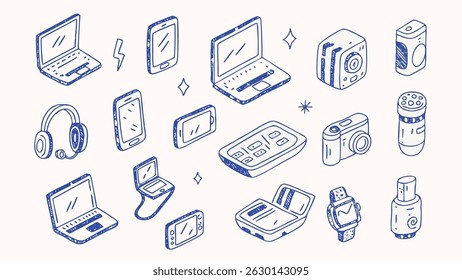 Hand drawn illustrations of technological gadgets and digital devices for creative projects