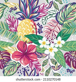 Hand drawn illustrations with tropical flowers, fruits, plants. Seamless pattern with vector art with jungle theme