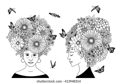 Hand drawn illustrations of two girls with flower hair, black and white ink drawings for adult coloring books
