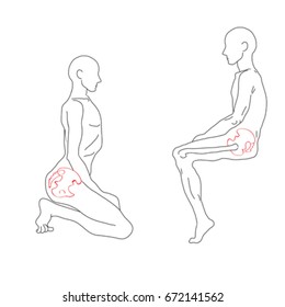 Hand drawn illustrations of two human sitting silhouettes emphasizing the pelvis positions, elements isolated on white