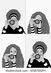 Hand drawn illustrations of two young women taking photos, hiding their faces behind their camera