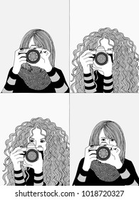 Hand drawn illustrations of two young women taking photos, hiding their faces behind their camera