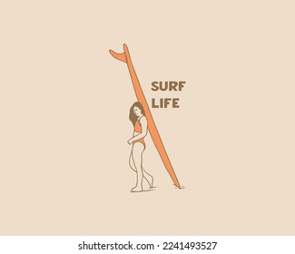 mujer ilustrativa dibujada a mano con tabla de surf 