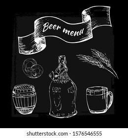 Hand drawn illustraton of beer elements on black background. Engraved vintage style. Beer glass, mug, barrel and banner for text. Template for menu cover, poster, chalkboard. Oktoberfest,  Patric day