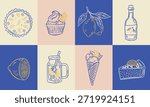 Hand drawn Iltalian lemon dessert and drink vector illustration for summer cafe menu design. Vintage lemoncello, lemonade, gelato, ice cream, cheesecake, cupcake, pie in doodle style. 
