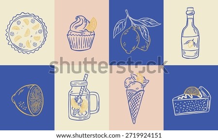 Hand drawn Iltalian lemon dessert and drink vector illustration for summer cafe menu design. Vintage lemoncello, lemonade, gelato, ice cream, cheesecake, cupcake, pie in doodle style. 
