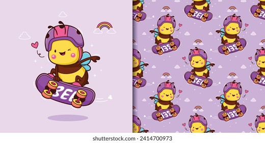 hand drawn image of a baby bee playing a skate board with a purple hat and a light purple background with a rainbow image