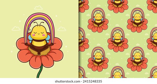 handgezeichnetes Bild einer Biene, die tagsüber Yoga auf einer Sonnenblume macht