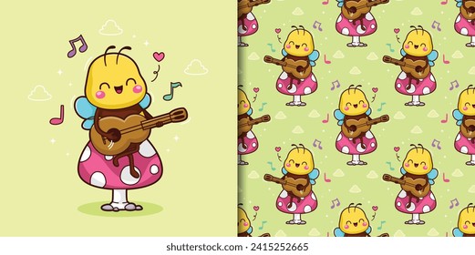 Hand drawn image of a baby bee playing guitar on a mushroom during the day on a green background