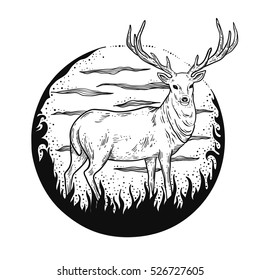 hand drawn image of big wild forest deer with large antler vector illustration animal isolated on white background for hunting products billboards website, wildlife sketch clipart print and cards.