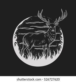 hand drawn image of big wild forest deer with large antler vector illustration animal white on blackboard background for hunting products billboards website, wildlife sketch clipart print and cards.