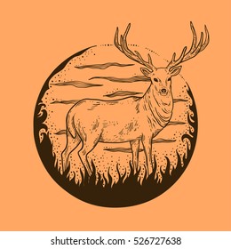 hand drawn image of big wild forest deer with large antler vector illustration animal brown on beige background for hunting products billboards website, wildlife sketch clip art print and cards.