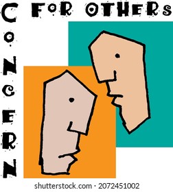 Hand drawn image of cartoon heads with color blocks behind them in vector format illustrating the concept of empathy and concern for others