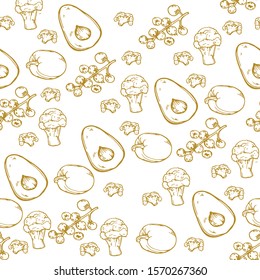 Hand drawn image of celery, broccoli, tomato, peppers and avocado. Seamless pattern on a white isolated background.