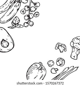 Hand drawn image of celery, broccoli, mushrooms, tomatoes, peppers and avocado on a white background.