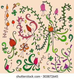 Hand drawn image of different floral ornaments isolated on light background. Can be used as a decoration element for any kind of purpose.