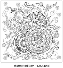 Hand drawn image with doodle flowers and mandalas for adult coloring pages, books, embroidery,  decorate t-shirts, dresses, bags, tunics.  eps 10.