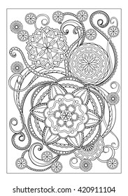 Hand drawn image with doodle flowers and mandalas for adult coloring pages, books, embroidery,  decorate t-shirts, dresses, bags, tunics. A4 Paper Size Template.  eps 10.