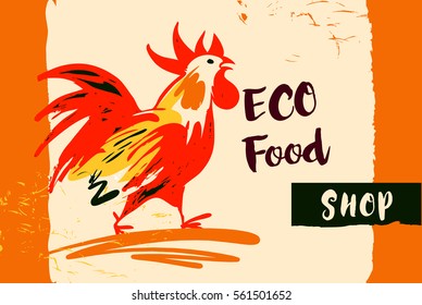 Hand drawn image with fire rooster. Concept design for eco food shop.