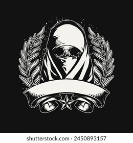 hand drawn image of a football soccer supporter's skull with olive leaves and a banner, suitable for clothing lines and group logos
