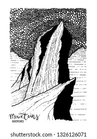 Hand drawn image of a mountain peak, engraving style, grunge textured vector illustrations. Lettering Mountains Adventure