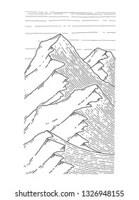 Hand drawn image of a mountain peak, engraving style, grunge textured vector illustrations