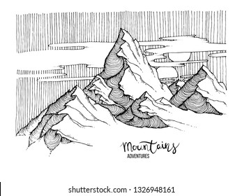 Hand drawn image of a mountain peak, engraving style, grunge textured vector illustrations. Lettering Mountains Adventure