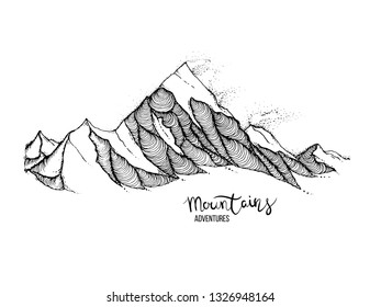 Hand drawn image of a mountain peak, engraving style, grunge textured vector illustrations. Lettering Mountains Adventure
