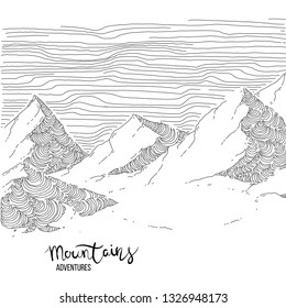 Hand drawn image of a mountain peak, engraving style, grunge textured vector illustrations. Lettering Mountains Adventure