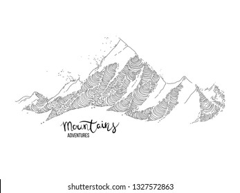 Hand drawn image of a mountain peak, engraving style, grunge textured vector illustrations. Lettering Mountains Adventure
