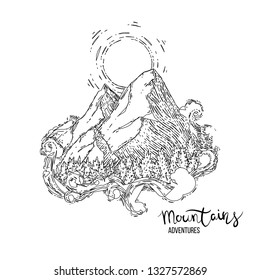 Hand drawn image of a mountain peak, engraving style, grunge textured vector illustrations. Lettering Mountains Adventure
