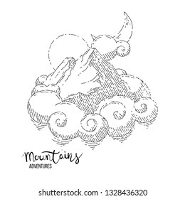 Hand drawn image of a mountain peak, engraving style, grunge textured vector illustrations. Lettering Mountains Adventure