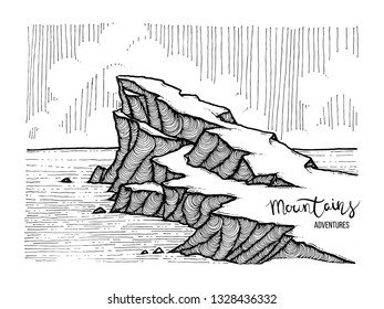 Hand drawn image of a mountain peak, engraving style, grunge textured vector illustrations. Lettering Mountains Adventure