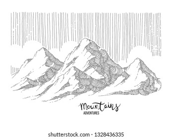 Hand drawn image of a mountain peak, engraving style, grunge textured vector illustrations. Lettering Mountains Adventure