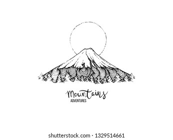 Hand drawn image of a mountain peak, engraving style, grunge textured vector illustrations. Lettering Mountains Adventure