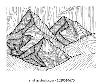 Hand drawn image of a mountain peak, engraving style, grunge textured vector illustrations