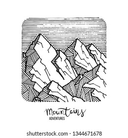 Hand drawn image of a mountain peak, engraving style, grunge textured vector illustrations
