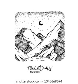 Hand drawn image of a mountain peak, engraving style, grunge textured vector illustrations