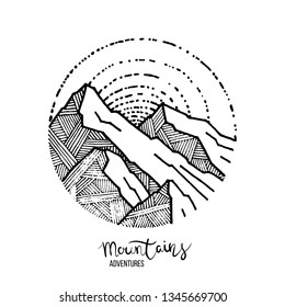 Hand drawn image of a mountain peak, engraving style, grunge textured vector illustrations